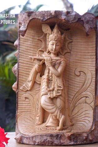 Krishna Playing Flute Sculpture - Home Decor Wooden Statue